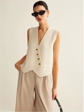 Commense Asymmetrical Beige Sleeveless Textured Button-Front Vest Size XL NWT